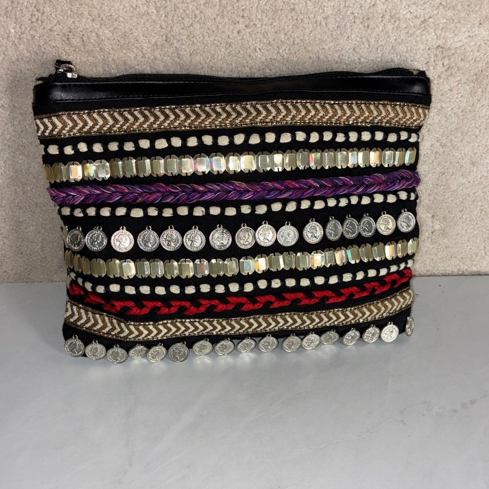 Big Buddha Black Multi Wristlet Clutch - OS - Boho Coin Embellished Bag